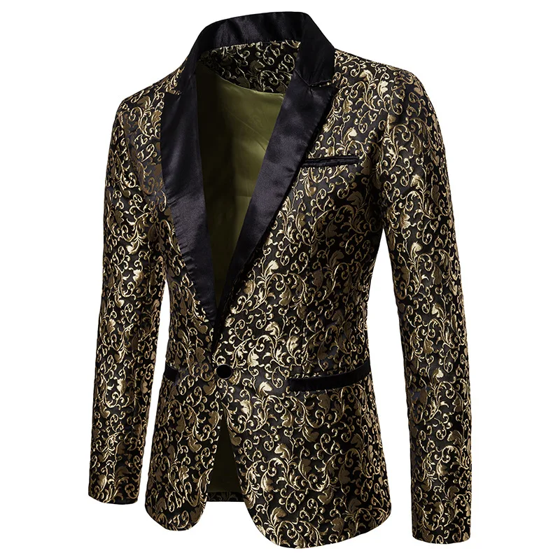 Fashion Men Business Social Jacquard Suit Jacket Single Breasted Top Black / White / Gold Men\'s Wedding Party Dress Blazers Coat