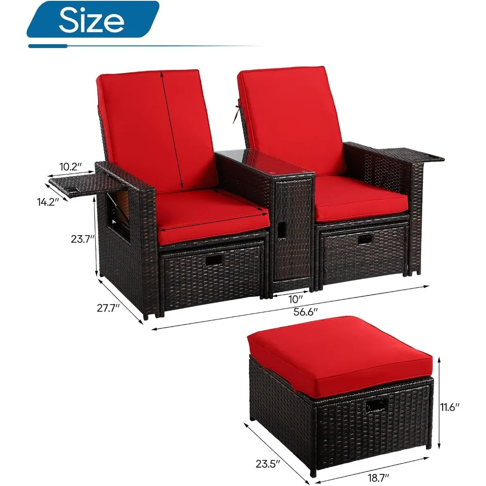 5PCS Outdoor Wicker Chaise Lounge Chair - Rattan Adjustable Reclining Patio Lounge Chair with Ottoman and Coffee Table,