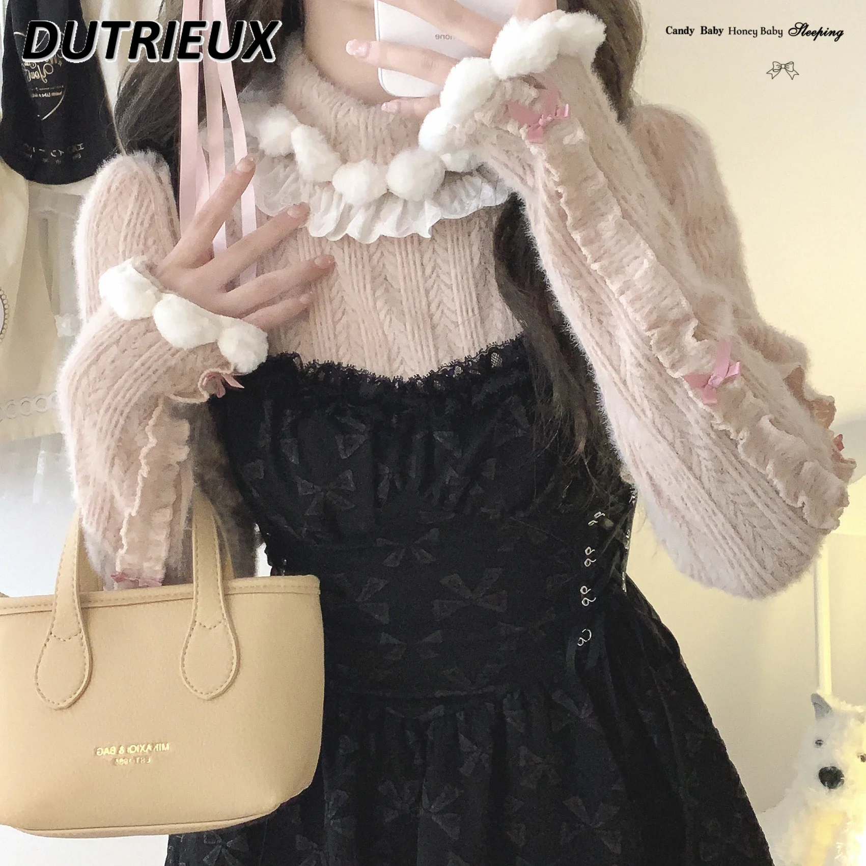 New Autumn and Winter Hairball Turtleneck Bubble Sleeve Knitted Sweater Sweet Cute Girls' Versatile Twist Bottoming Top Jumper