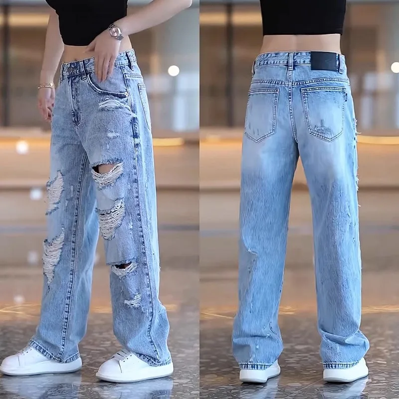 

Модные повседневные мужские джинсы свободного кроя в стиле High Street, американские стильные брюки с прямым кроем и дырками, длинные брюки из хлопкового материала