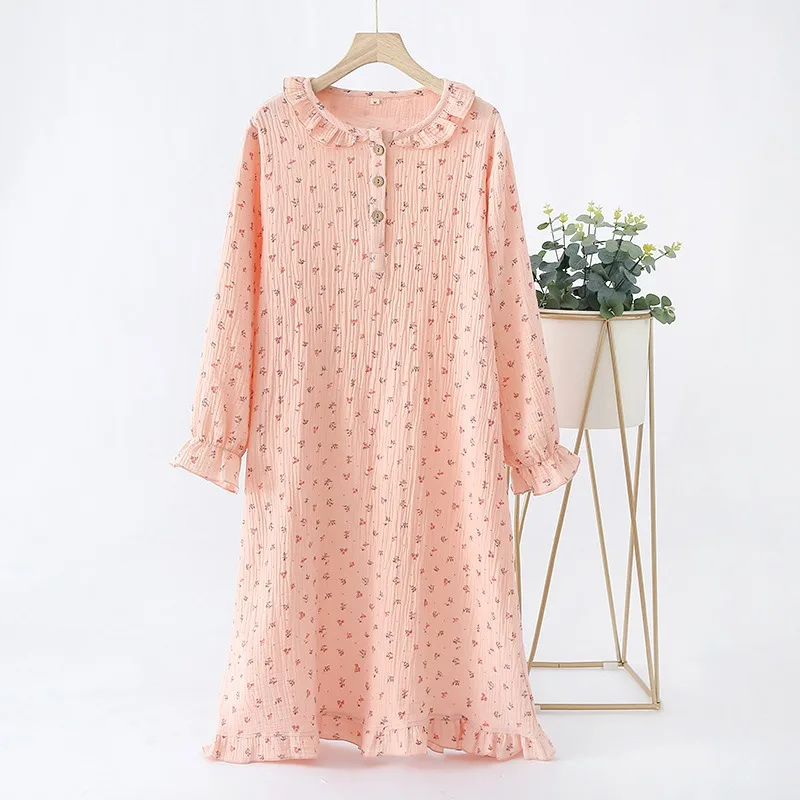 New Spring Summer Long Sleeve Nightdress Women Lace Floral Printed Nightgown Japanese Style Thin Bathrobe Pajamas Nightwear