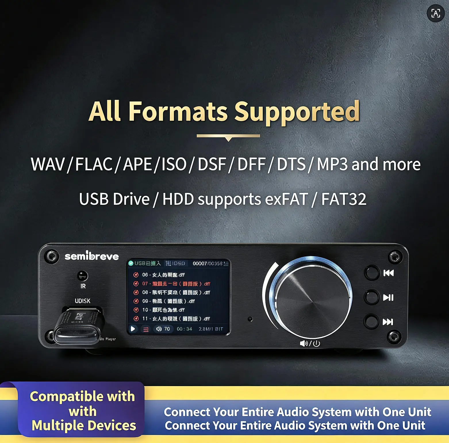 Semibreve NP20H HiFi Audio Decoder Amp Dual ES9039Q2M Lossless Playback Player All Formats Support Music DAC Bluetooth 5.4