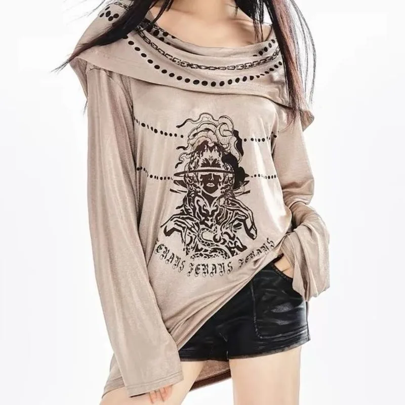 

American Retro Letter Printed Hooded Long-sleeved T-shirt Women 2025 Autumn New High Street Pleated Loose Casual Tops