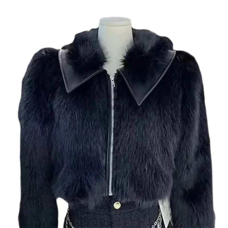 Abrigo de piel negro Xiaoxiangfeng para mujer, Chaqueta corta de felpa de zorro de imitación poco profunda, chaquetas de piel con solapa coreana para otoño e invierno