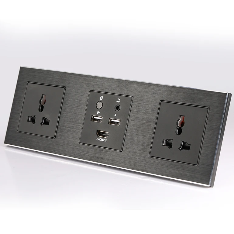 3 Connected USB Player and Charging Multi-Function Media Hub Aluminum Brushed Frame Wall Socket