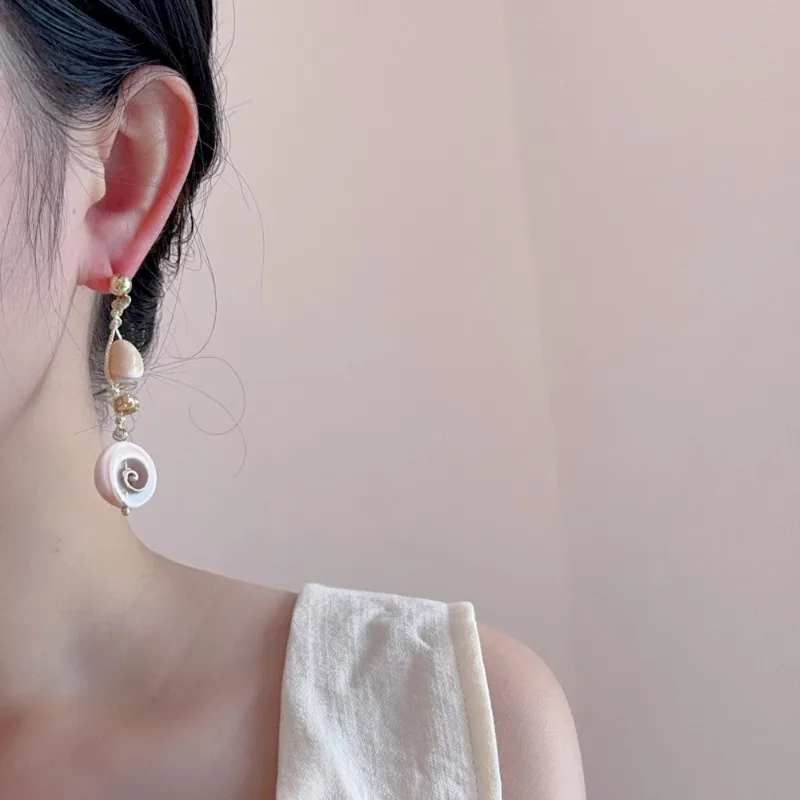 Minar Charming Irregular Natural Trumpet Shell Tassel Long Dangle Earrings for Women Handmade Knitted Rope Chain Beach Jewelry