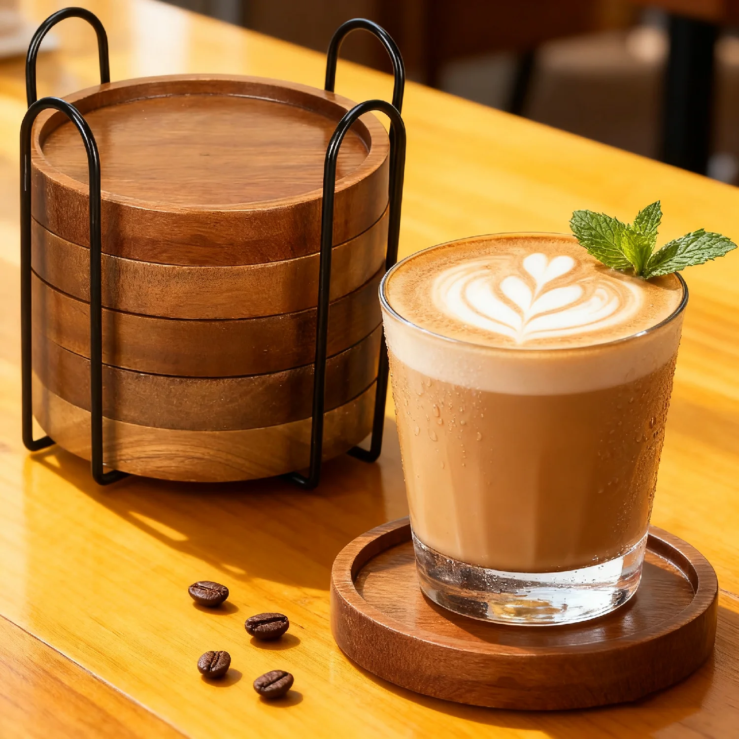 6 шт. деревянные подставки с держателем, набор подставок для напитков из дерева акации, современные коврики для чашек для журнального столика, обеденного домашнего декора