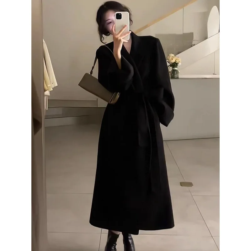 

Black bathrobe double-sided wool coat women's 2023 autumn and winter new Korean loose medium and long woolen coat tide