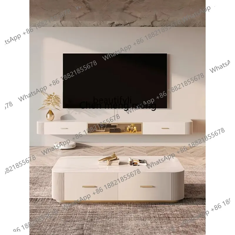 

LHY26 ss LBX Stone Plate Hanging TV Cabinet and Tea Table Combination Glass Simplicity Modern Light Luxury Solid Wood Living Roo