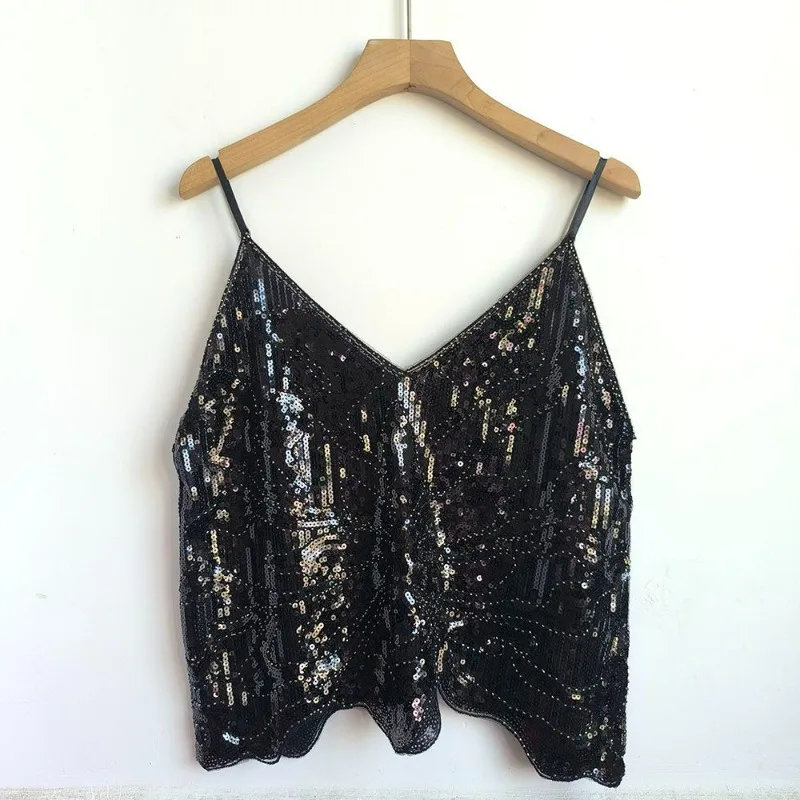 2025 Summer New Sequined Beads Explosion Suspender Sleeveless Vest Outer Wear Loose Niche Dopamine Style Camis Top