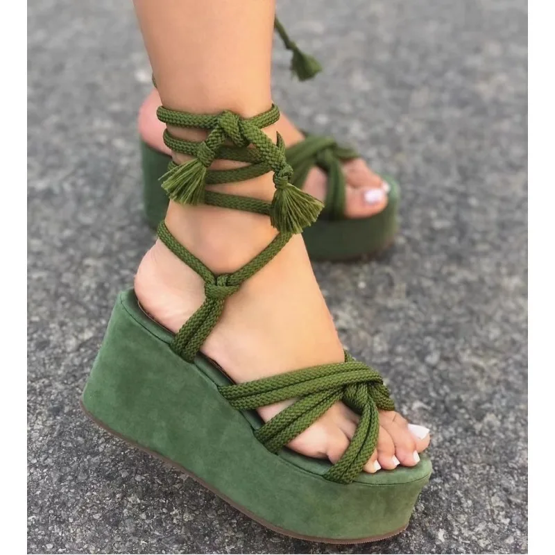 2024 Summer New Platform Wedge Sandals for Women Fashion Round Toe Cross Tied Height Increase Open Toe Femme Sandal Plus Size 43