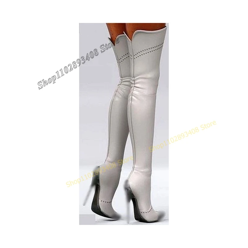 

White Round Rivet Decor Thigh HIgh Boots Pointed Toe Stiletto High Heel Zipper Women Shoes 2023 Fashion Sexy Zapatos Para Mujere