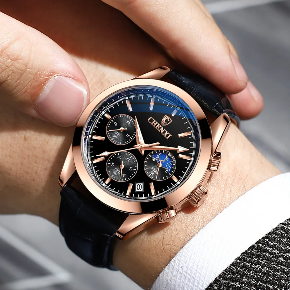 

CHENXI Luxury Watch Moon Phase Calendar Luminous Chronograph Waterproof Clock Leather Strap Watches For Men Reloj Hombre