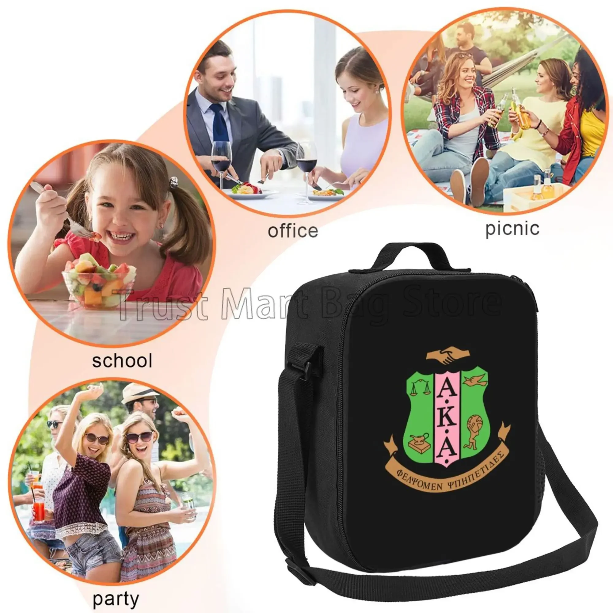 AKA Sorority Print Insulated Lunch Bag Women Reusable Portable Thermal Bento Tote with Adjustable Strap for Work Picnic Travel