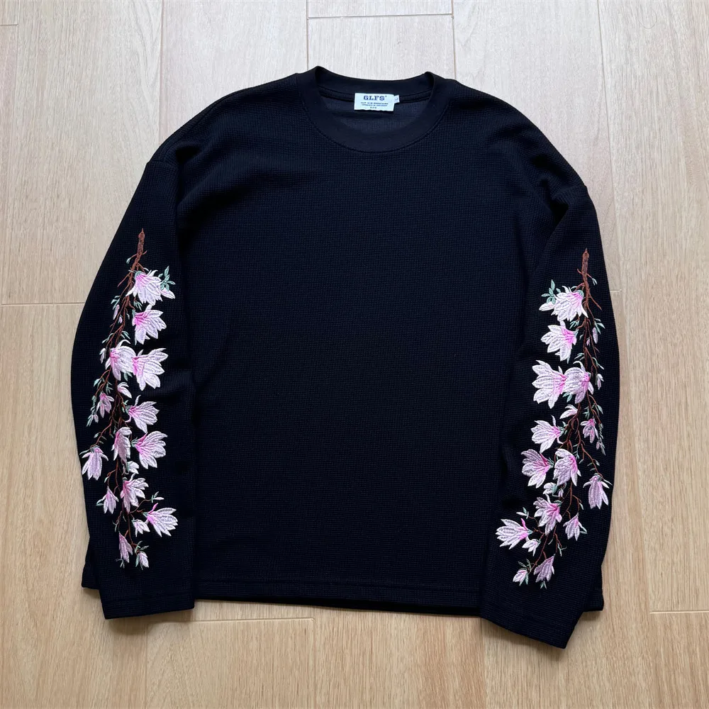MWJLPWQ Floral Embroidery Heavy-Duty Loose Long-Sleeve T-Shirt For Men High-Street Fashion Ins Style Spring Autumn Tops 20640