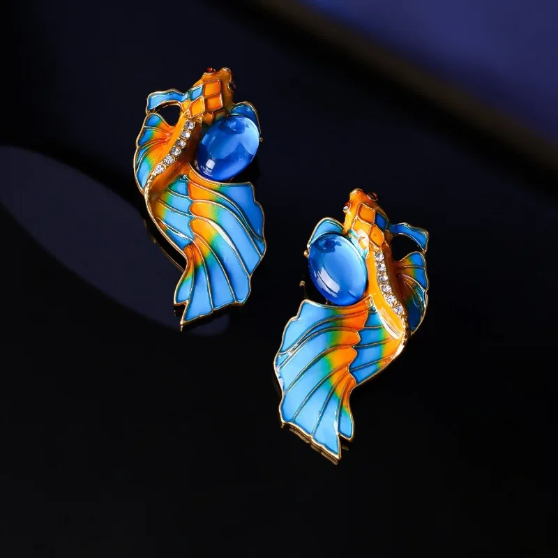 

Medieval Vintage Koi Stud Earrings Retro Palace Light Luxury Old Niche Literary Hand-painted Enamel Earrings