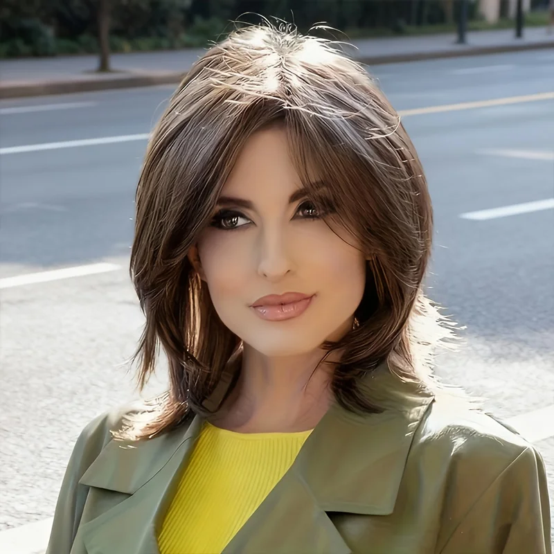 

Women's middle-part elegant fairy medium-length deep gray synthetic bangs polyester suitable women wear suitable daily outings