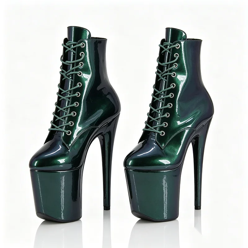 Dark Green Patent Platform Ankle Boots High Stiletto Lace Up Pole Dance Heels Glossy Round Toe Club Stage Heel Booties