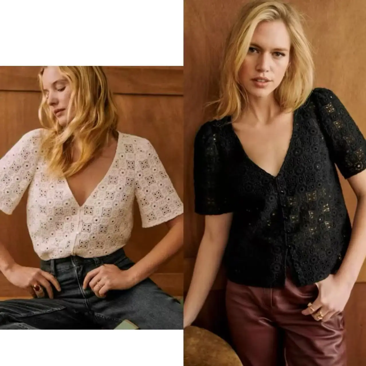 

Spring Summer 2025 Casual Loose Cotton irt Embroidered Soluble Lace Hollow out Pattern V Ne ort Sve Women's Top