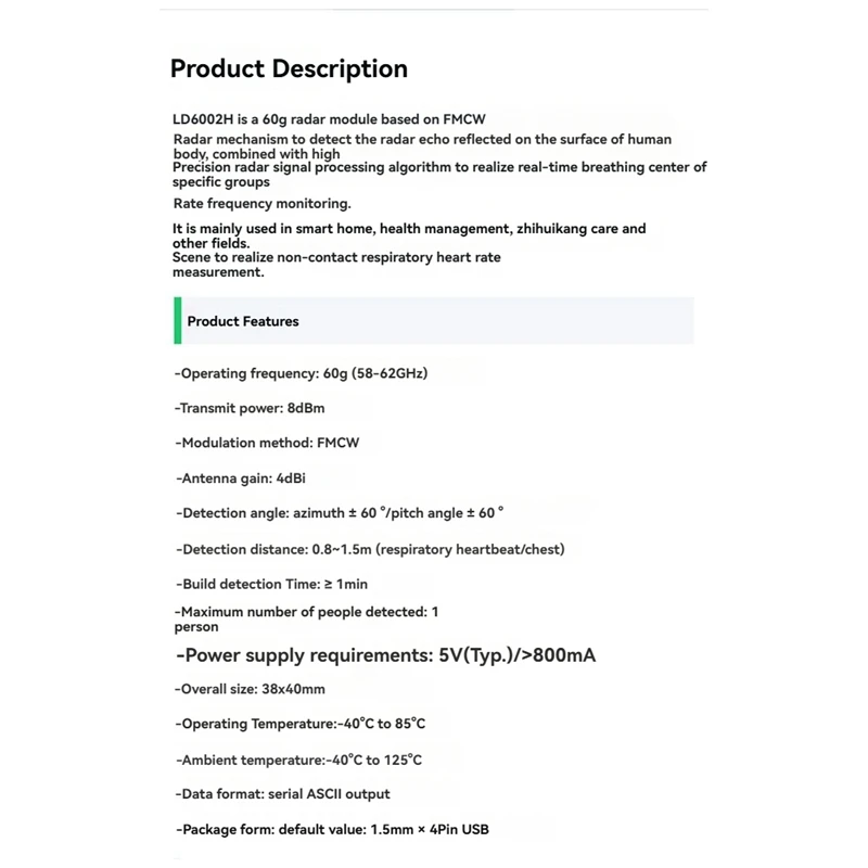 LD6002H 60G Radar Module Kit Breathing And Heartbeat Detection Radar Module Non-Contact Intelligent Monitoring Module