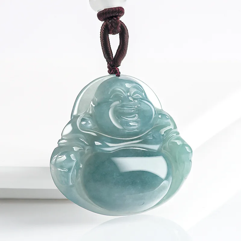 Natural a Cargo Emerald Blue Water Big Belly Buddha Old MaterialsJade Stone Men's Necklace Women's Pendant