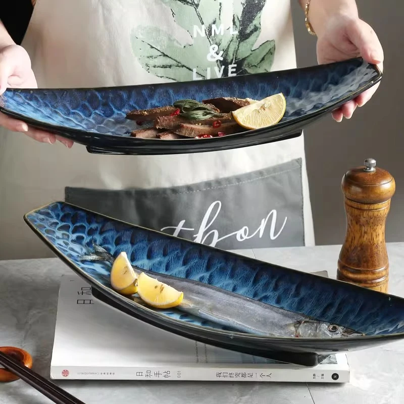 

Large Rectangular Sushi Platter with Fish Pattern Ceramic Seafood Appetizer Dessert Serving Plate for Japanese Cuisine Genuine