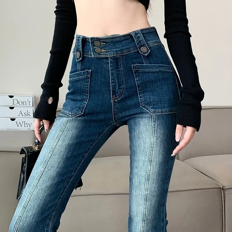 Ladies Vintage High Waisted Jeans Woman Streetwear Lim-Fit Denim Trousers Girls Casual Denim Bell-bottoms Female Pants VAL6902A