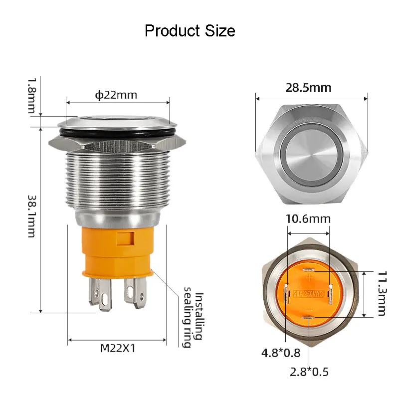 316L Stainless Steel Waterproof Push Button Switch 22MM Large Current Car Marine Push Switch Normally Open With 12V-24V LED Lamp