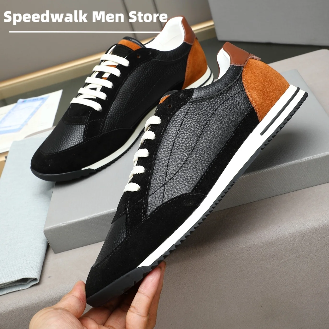 Men Soft Leather Suede Retro Sneakers Lace Up Low Top Flat Casual Shoes Shock Absorbing Sole Daily Walking Athletic Trainers