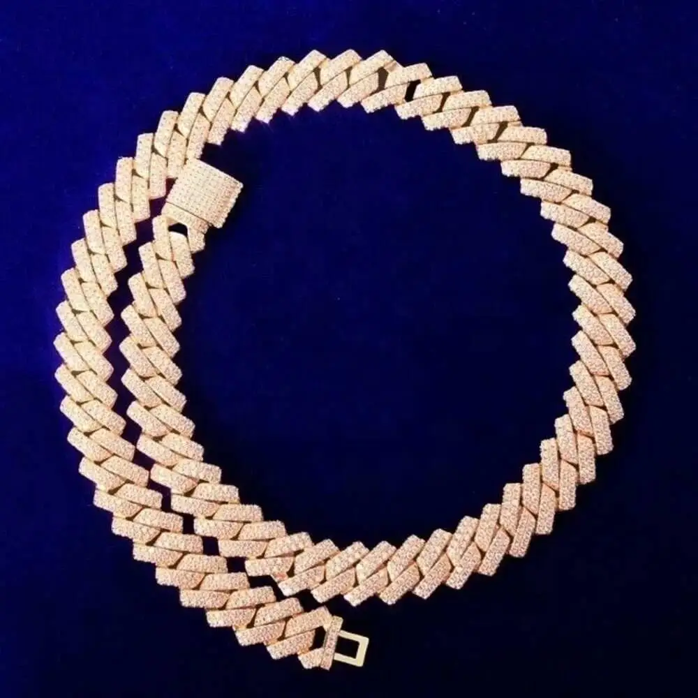 Luxury Miami Ice Diamond Cuban Real Vvs Moissanite Cuban Chain Necklace Two Rows Silver 15mm Necklaces 925 Sterling Silver Hipho