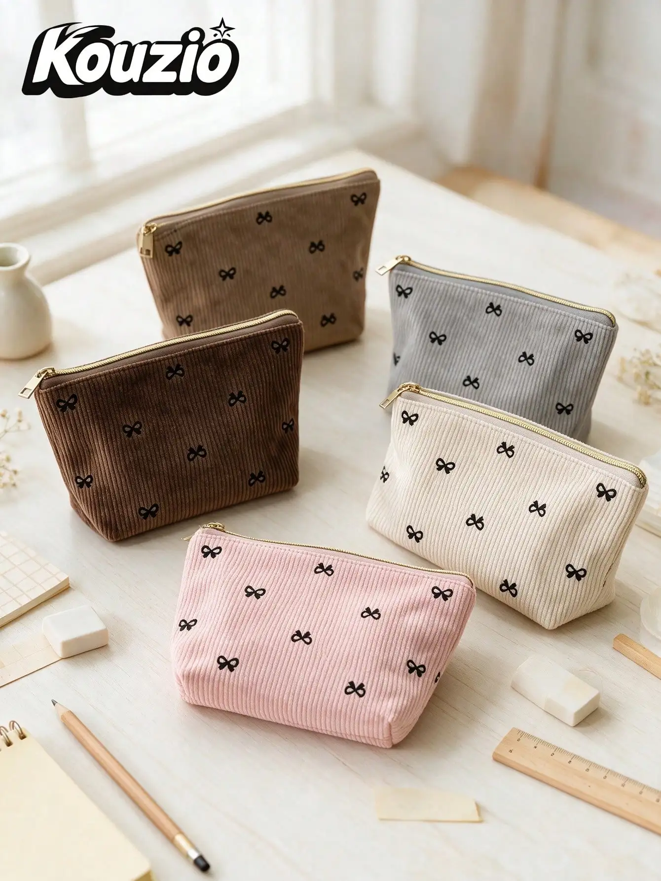 1 Pack Corduroy Bow Pencil Pouch, Cute Zipper Pen Case and Makeup Bag for Teen Girls, Back to School and Travel Gift