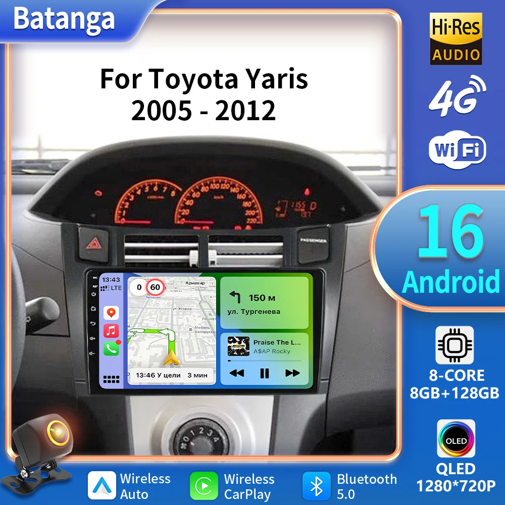 Autoradio Android 16, lecteur multimédia, Navigation GPS 5G, écran Carplay QLED, stéréo automatique, pour Toyota Yaris Vitz Platz 2005 – 2012