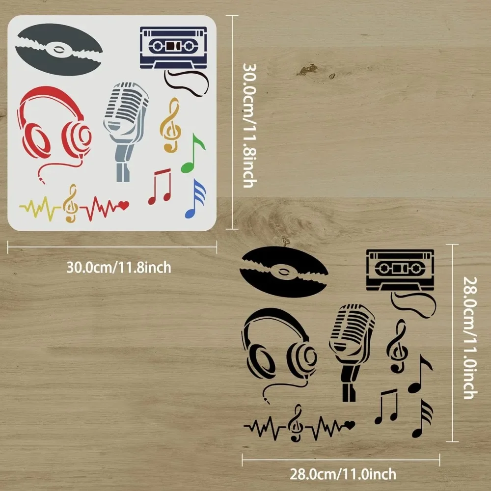 Musical Stencils 11.8x11.8 inch Music Notes Stencil Plastic Microphones, Tapes, CDs, Headphones Pattern Stencils Reusable Musica