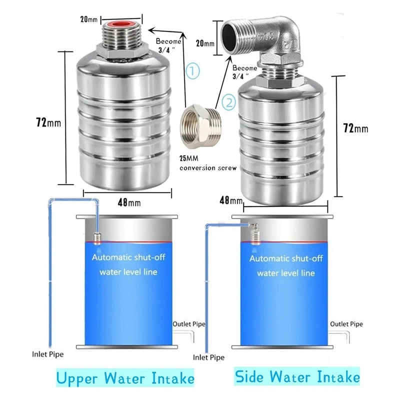 Paquete de 2 válvulas de flotador de tanque de agua con cierre automático de 1/2 pulgadas y 3/4 pulgadas, válvula de Control de nivel de agua de acero inoxidable 304