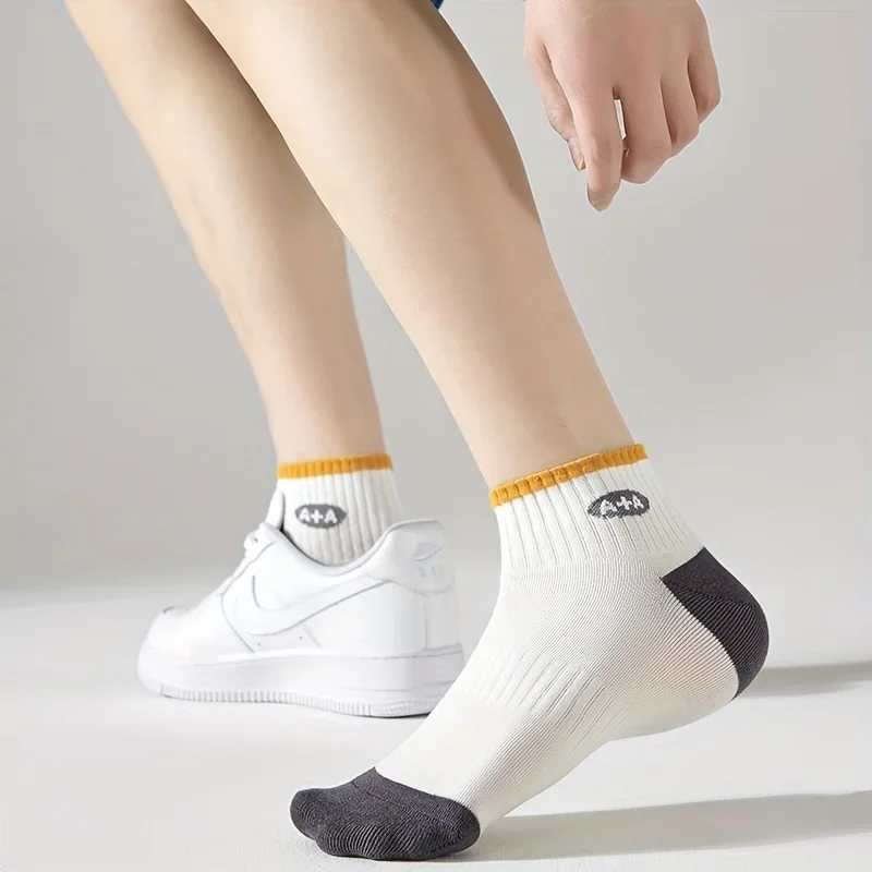 5 Pairs Men\'s Striped Short Socks with Wide Cuffs and Letters, Sports and Leisure Socks Summer Blending Boat Socks