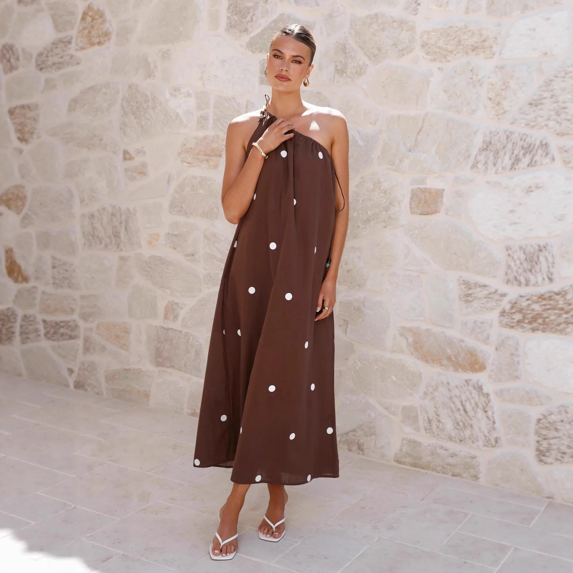 

Polka Dots Print Long Dress Women Comfortable Simple Slant Collar Off Shoulder Leace-up Loose Sleeveless Dresses Female New