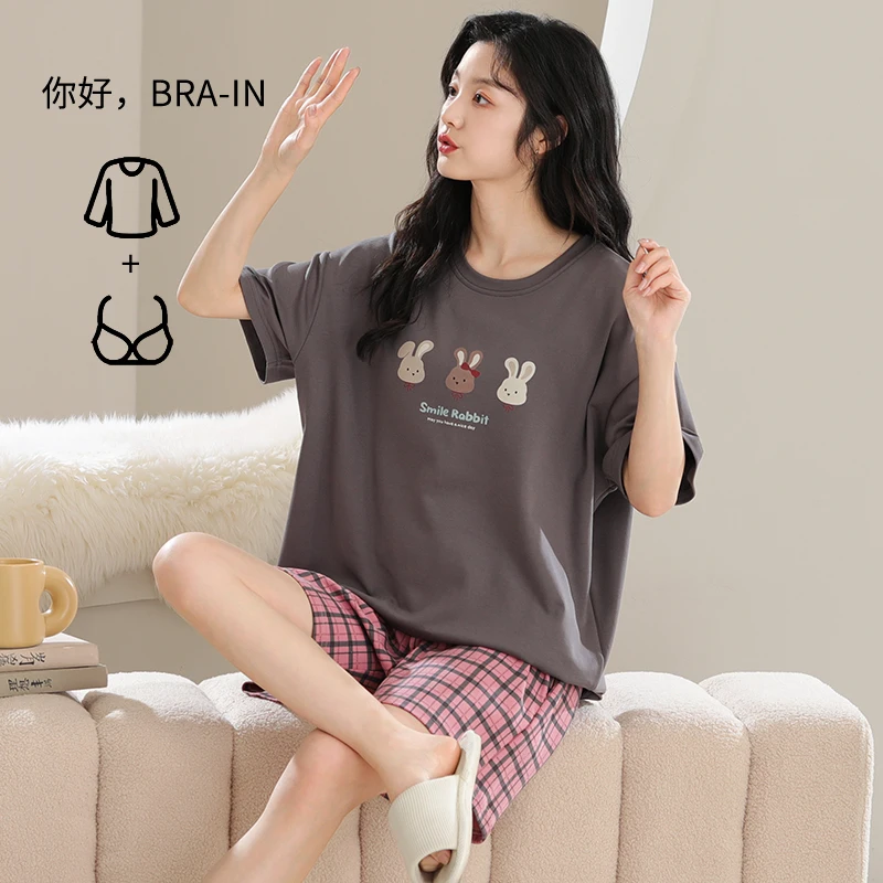 Summer Cotton Pajamas for Women Short Sleeves Shorts Chest Padded Pajama Sets Sweet Girl Sleepwear Round Collar Homewear