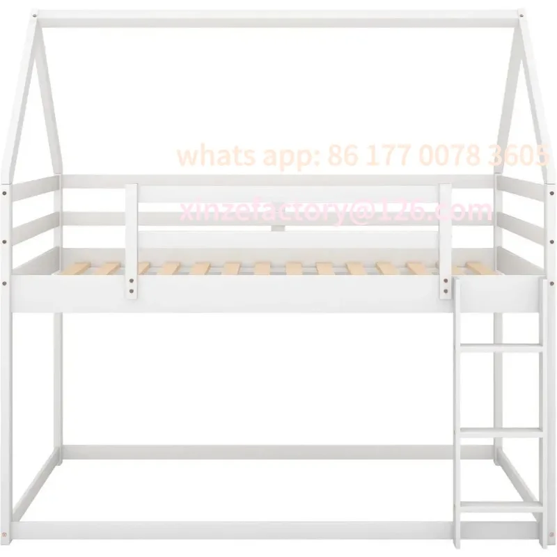 Customizable Twin Over Twin House Bunk Bed for Kids,Floor Low Bunk Beds with Ladder and Guardrails,Solid Wood Twin Size