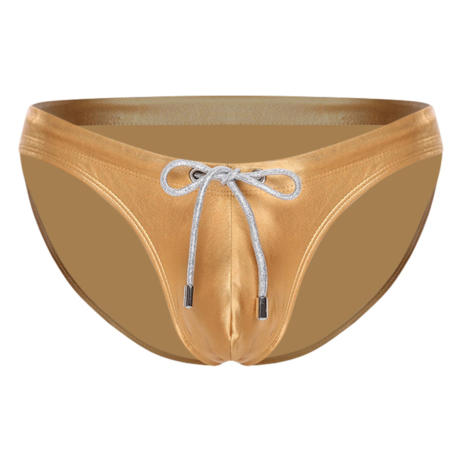 

Mens Metallic Shiny Bikini Briefs Low Rise Elastic Waist with Drawstring Bulge Pouch Panties Underwear Beachwear Clubwear