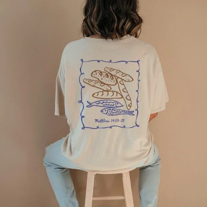 

Summer American Retro Ins Back Printing T-shirt Woman Cool Cute Fish Bread Graphic Personality Y2k Math Shirt Half Sleeve Top