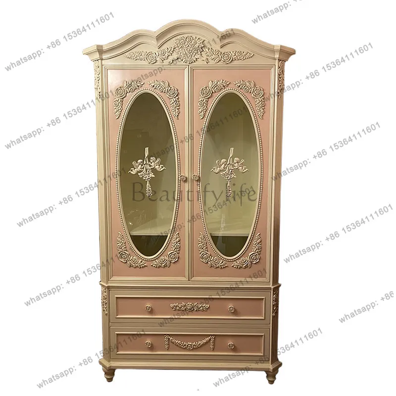 

French retro old solid wood carving flower double door wardrobe villa decorative locker