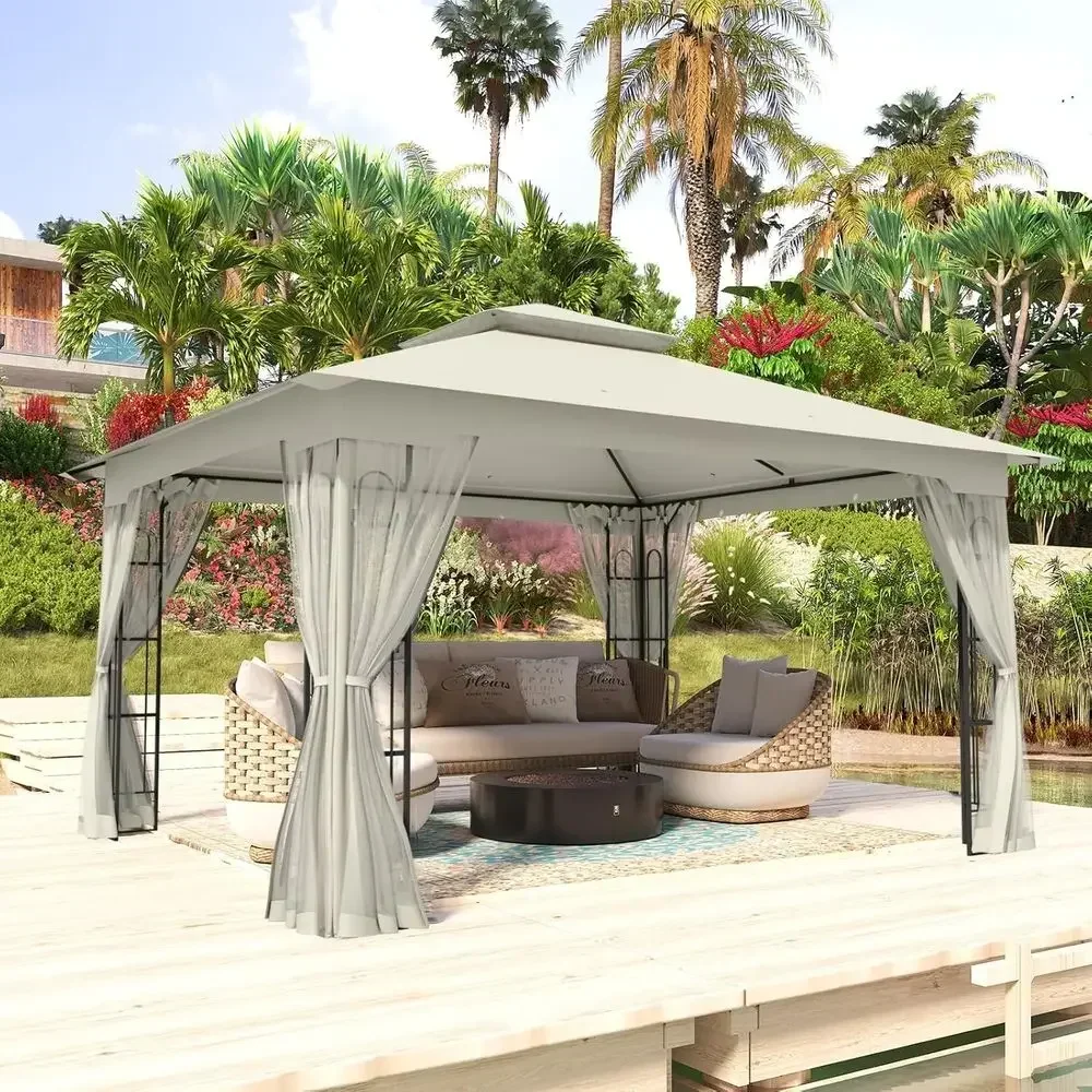 10x12 Outdoor Patio Gazebo with Netting, Two Tier Water Resistant or Backyard, Beige