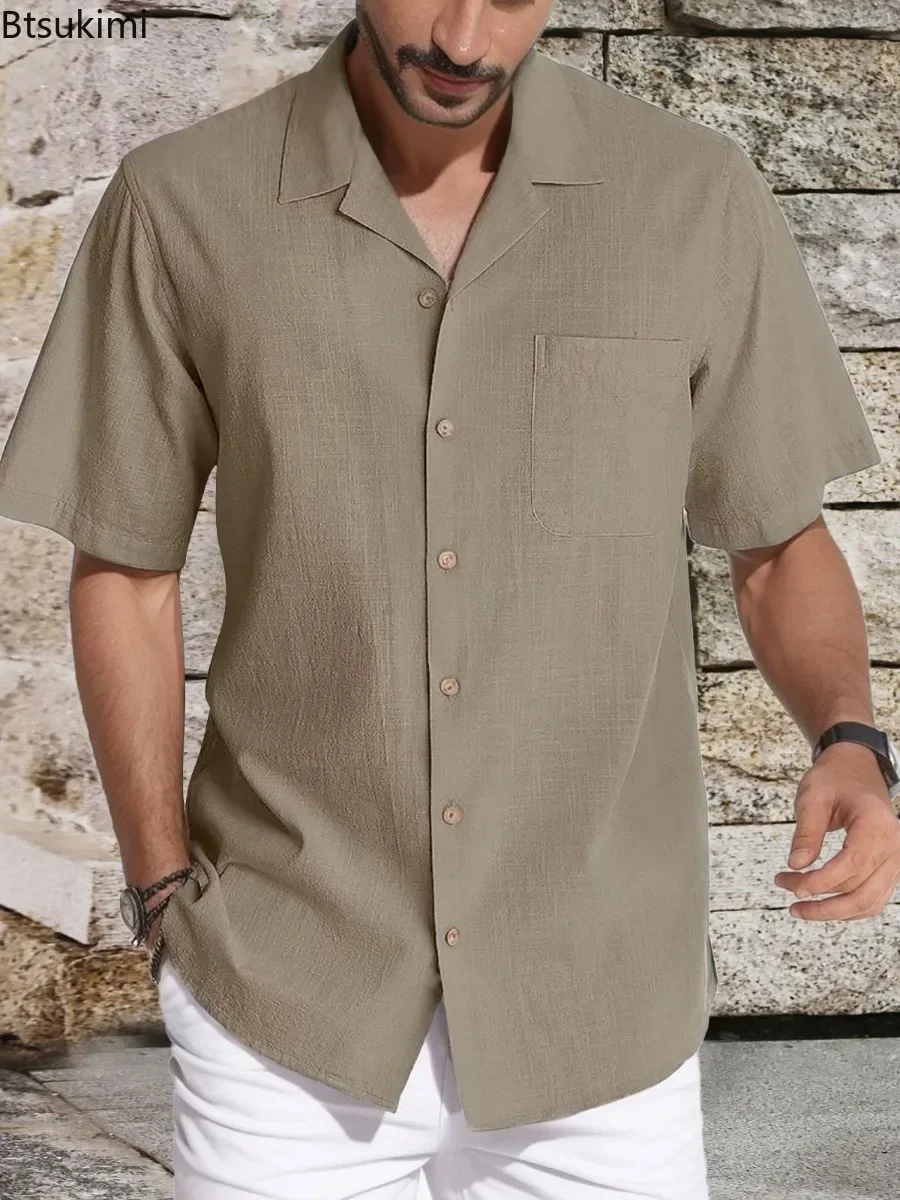 New2025 Camicia casual solida estiva da uomo Moda manica corta Risvolto Top semplici e traspiranti Comodo cardigan Uomo Camicetta da spiaggia allentata