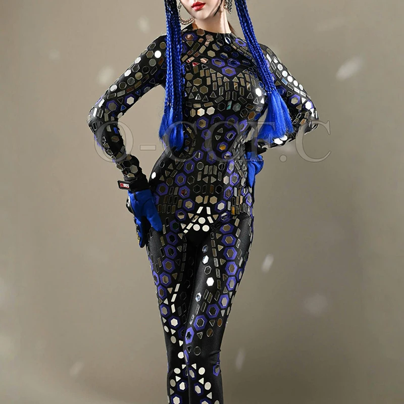 Gogo Show Performance Costume Specchio Stage Outfit Nero Blu Body Donna Festival Rave Abbigliamento Discoteca Dancewear yj004