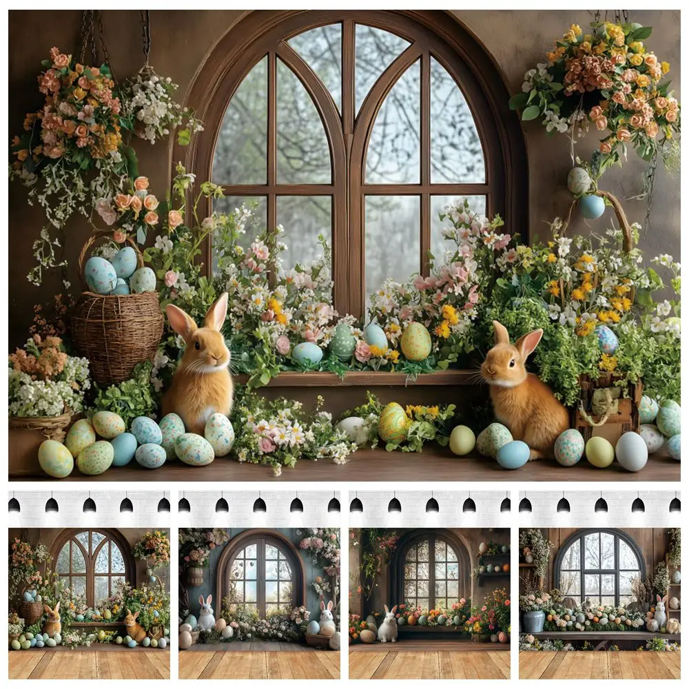 Spring Easter Flowers Bunny Eggs Room Window Backdrop for Photography Baby Shower Birthday Party Kids Portrait Photo Background
