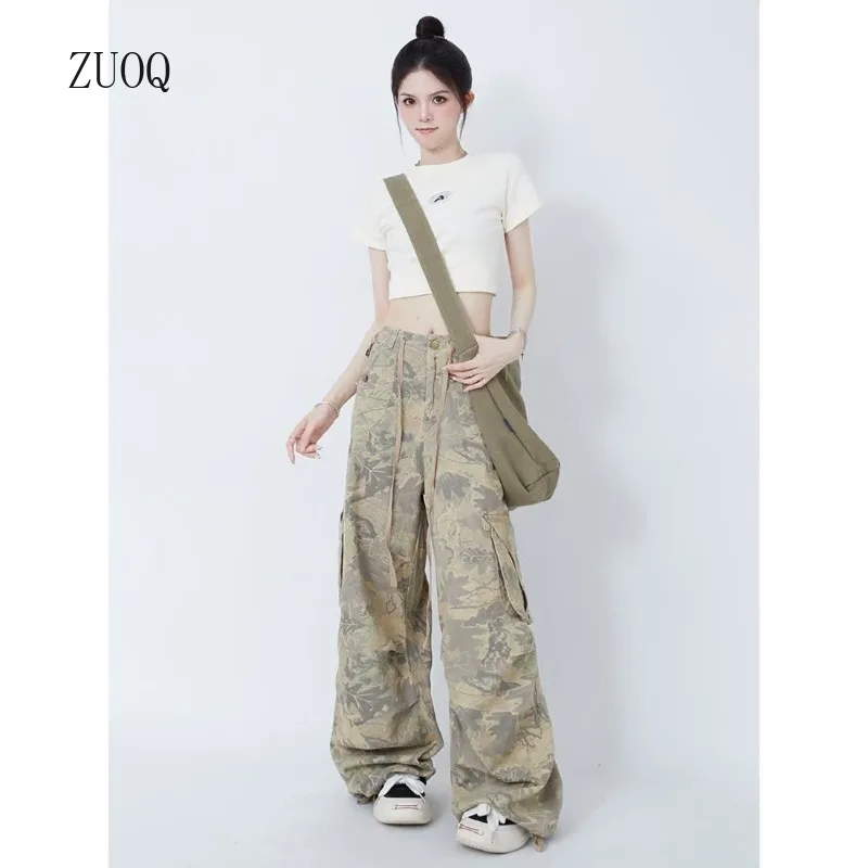 2024 New Camouflage Cargo Pants Women High Street Spice Girls Hip Hop Drawstring Wide Leg Full Length Versatile Trousers Female