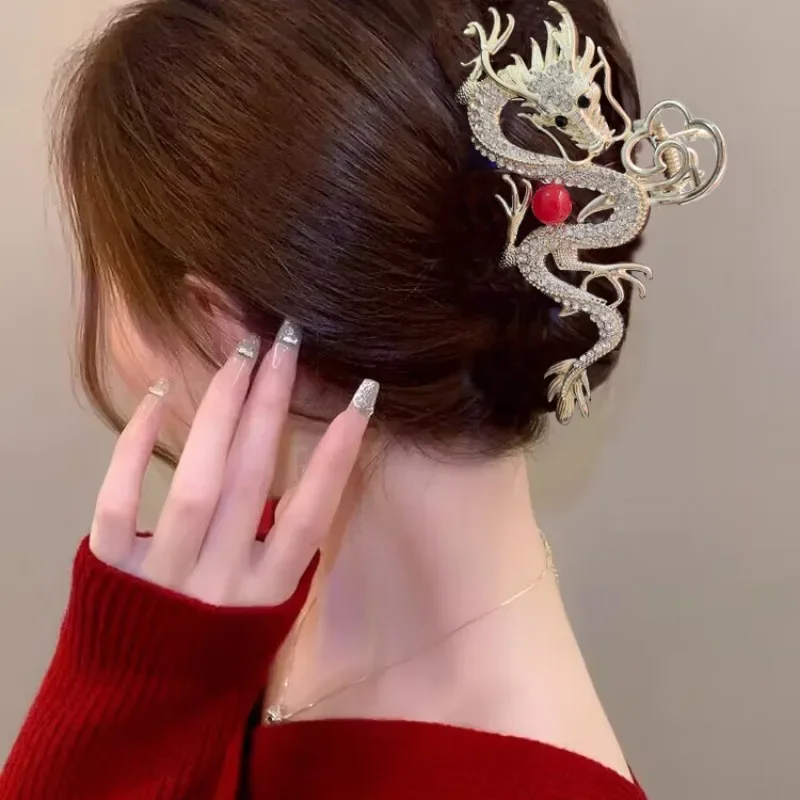 2024 New Chinese Dragon Year Hair Clips Hair Accessories for Women Girl Red Bead Metal Rhinestone Hair Pin Fashion Jewelry Tiara