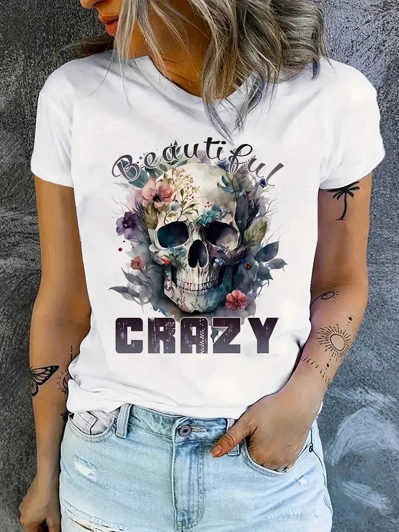 T-shirt damski z okrągłym dekoltem różowy nadruk z czaszką t-shirt gotycki z krótkim rękawem Top Casual Fashion codziennie odzież domowa wiosnę i