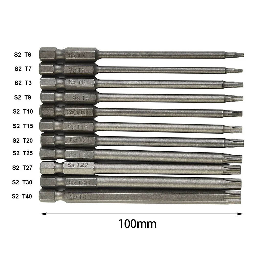Juego de brocas de destornillador Torx de 11 piezas, vástago hexagonal, cabeza magnética de seguridad T7/T8/T9/T10/T15/T20/T25/T27/T30/T40, 100MM, Extra largo
