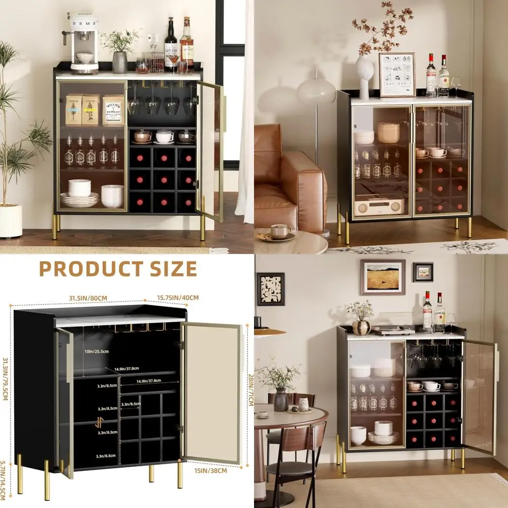 coffee bar cabinet with aluminum frame glass door, black wine bar & liquor cabinet, modern black sideboard buffet cabinet with s